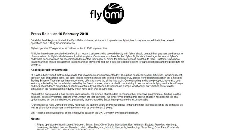 Flybmi Goes Into Administration Blames Brexit Uncertainty