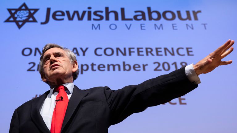 LONDON, ENGLAND - SEPTEMBER 02: Former Labour Prime Minister Gordon Brown speaks during the &#39;Jewish Labour Movement Conference&#39; on September 2, 2018 in London, England. (Photo by Dan Kitwood/Getty Images)
