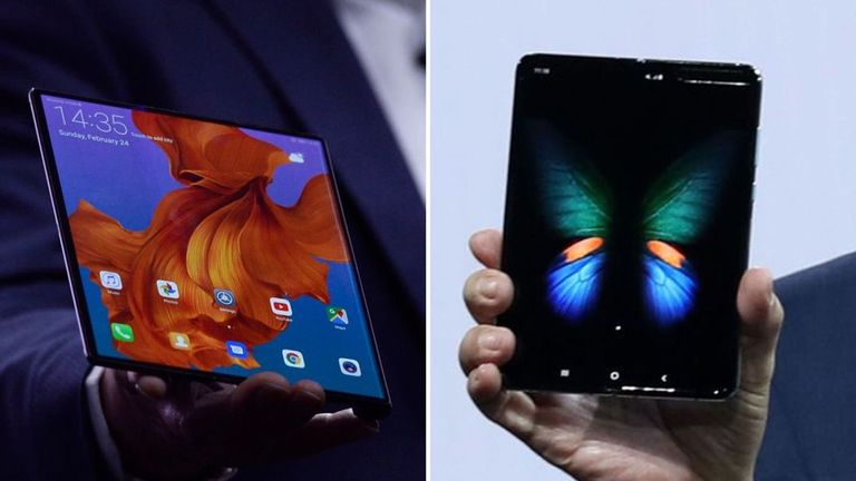 Huawei&#39;s Mate X (left) and Samsung&#39;s Galaxy fold (right)
