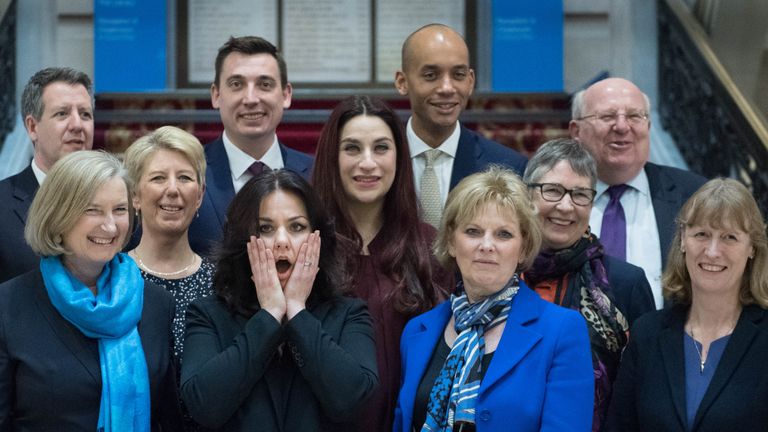 (back row left to right) Chris Leslie, Gavin Shuker, Chuka Umunna and Mike Gapes, (middle row, left to right) Angela Smith, Luciana Berger and Ann Coffey, (front row, left to right) Sarah Wollaston, Heidi Allen, Anna Soubry and Joan Ryan