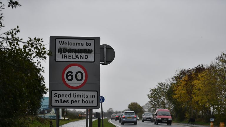 A defaced &#39;Welcome to Northern Ireland&#39; sign on the Irish border can be seen on October 9, 2018 in Londonderry, Northern Ireland