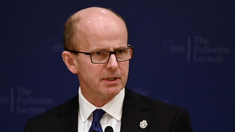Jeremy Fleming, director of Government Communication Headquarters (GCHQ), United Kingdom&#39;s intelligence, security and cyber agency, delivers his address at the 35th IISS Fullerton Lecture on the topic of Cyber Power in Singapore on February 25, 2019. (Photo by Roslan RAHMAN / AFP) (Photo credit should read ROSLAN RAHMAN/AFP/Getty Images)
