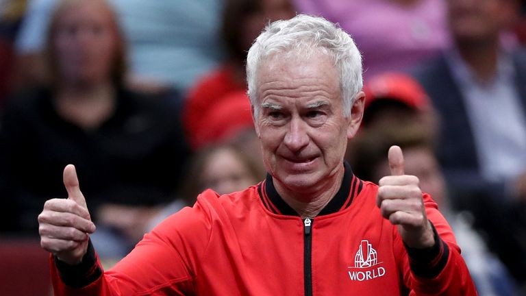 John McEnroe during their Men&#39;s Singles match on day one of the 2018 Laver Cup at the United Center on September 21, 2018 in Chicago, Illinois.