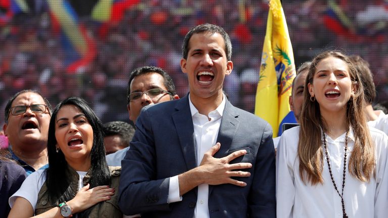 Juan Guaido was greeted by supporters at a rally in Caracas on Saturday