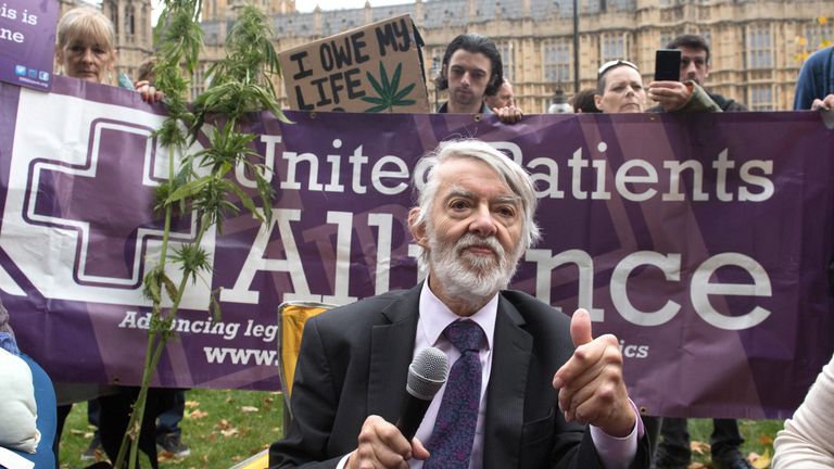 Labour MP Paul Flynn speaking at a cannabis tea party held by the United Patients Alliance outside the Houses of Parliament in London on February 17, 2019