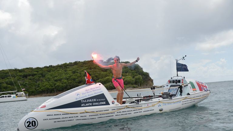 Lukas arriving in English Harbour, Antigua, becoming the youngest ever person to row across an ocean solo. Pic: Atlantic Campaigns