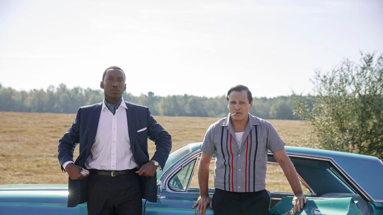 Mahershala Ali as Dr Donald Shirley and Viggo Mortensen as Tony Vallelonga in Green Book, directed by Peter Farrelly 