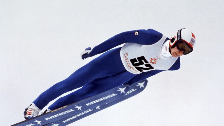 Matti Nykänen full flow in the 90m ski jump at the 1984 Sarajevo Winter Olympics