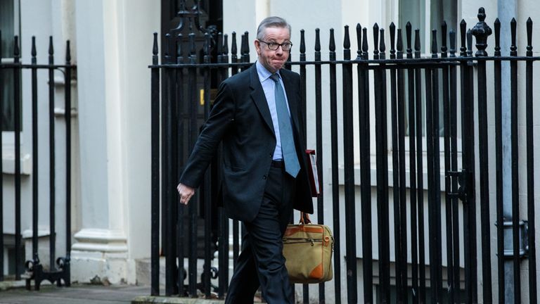 LONDON, ENGLAND - JANUARY 22: Environment Secretary Michael Gove arrives for the weekly cabinet meeting at Downing Street on January 22, 2019 in London, England. The Prime Minister outlined Plan B for her Brexit deal to MPs yesterday. It included scrapping the £65 settled status fee for EU citizens and considerations given to amendments to the deal on workers&#39; rights, no no-deal and the Irish Backstop. (Photo by Jack Taylor/Getty Images)
