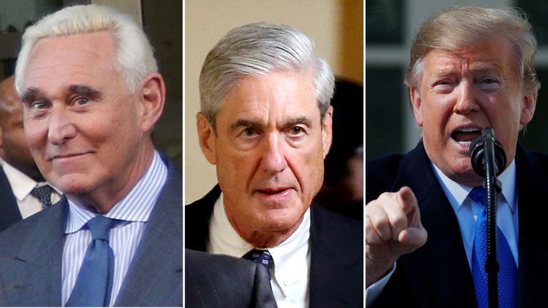 Left to right: Roger Stone, Robert Mueller and Donald Trump