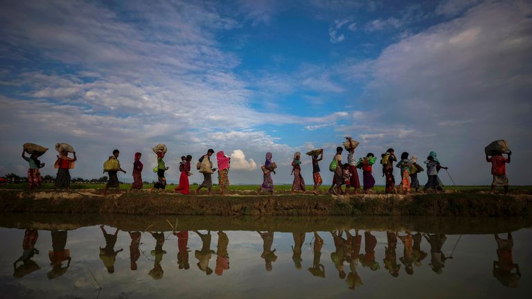 Rohingya refugees are reflected in rain water along an embankment next to paddy fields after fleeing from Myanmar into Palang Khali, near Cox&#39;s Bazar, Bangladesh