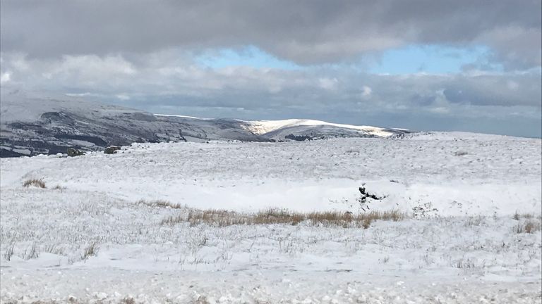 A snowy outlook on Mynydd Llangynidr, a mountain near Ebbw Vale in South Wales