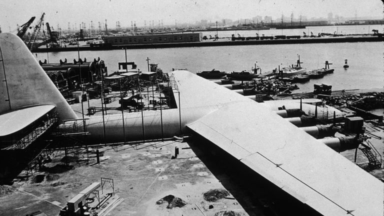 Exterior view of the Spruce Goose, a massive sea plane designed and built (out of wood) by American industrialist, aviator, and film producer Howard Hughes, Los Angeles, California, 1947.
