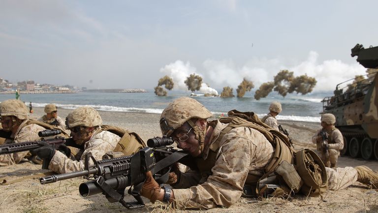 US Marines from 3rd Marine Expeditionary Force, Battalion landing team deployed from Okinawa, Japan participate in the US and South Korean Marines joint landing operation