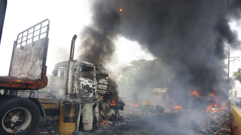 One of the aid trucks was set alight - reportedly by National Guardsmen