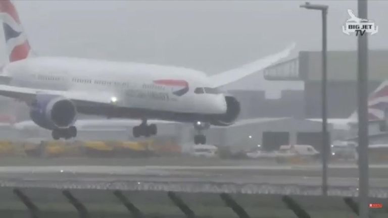 A BA plane struggles with the wind