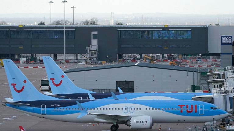 A TUI Boeing 737 MAX 8 at Manchester Airport after the planes were grounded