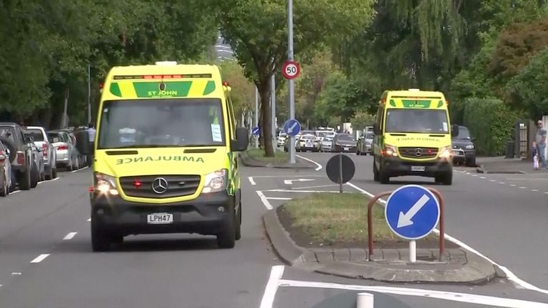 Ambulances rush to the scene of mass shootings in Christchurch