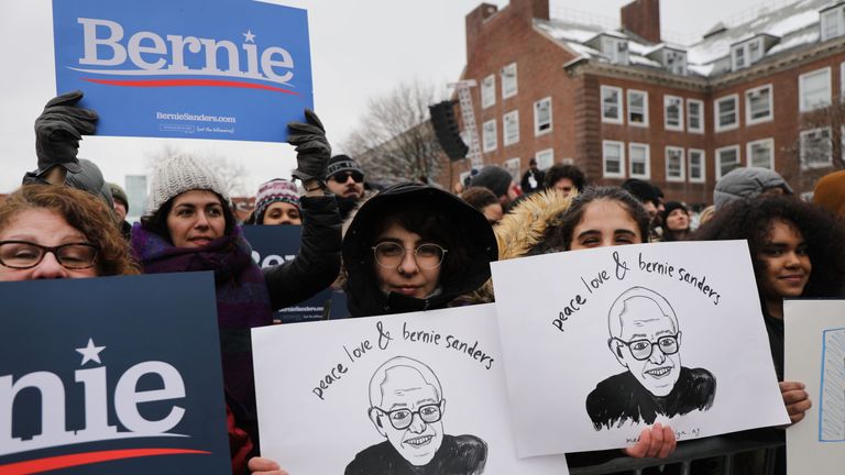 The Vermonter senator&#39;s supporters carried signs reading &#39;peace, love and Bernie Sanders&#39;