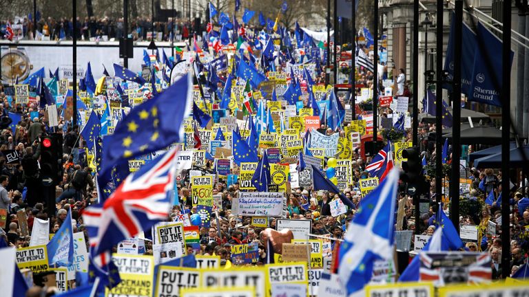 Tens of thousands of anti-Brexit campaigners are marching in London