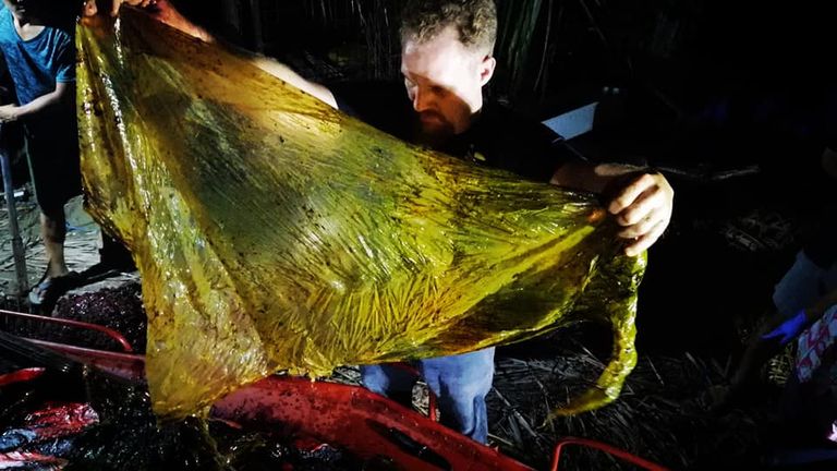 Darrell Blatchley holds up sheet of plastic found in the animal&#39;s stomach