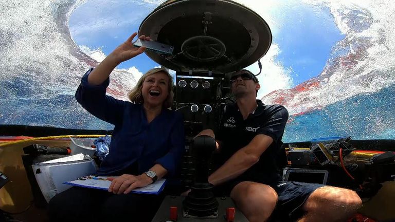 Returning to sea-level: Sky&#39;s Anna Botting surfaces in a submarine after broadcasting from the depths of the Indian Ocean