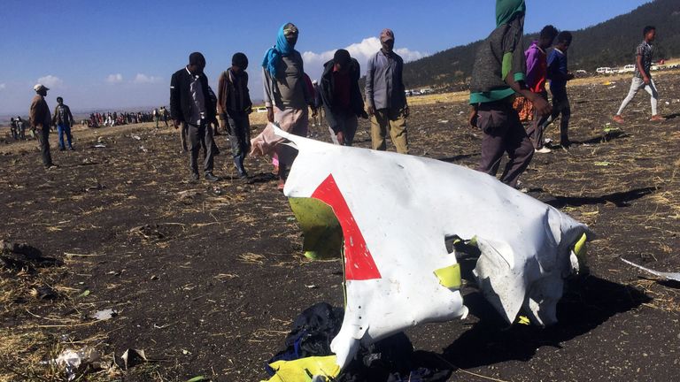 Part of the wreckage at the scene of the Ethiopian Airlines crash