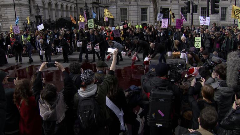 Extinction Rebellion activists throw &#39;blood&#39; outside Downing Street.
