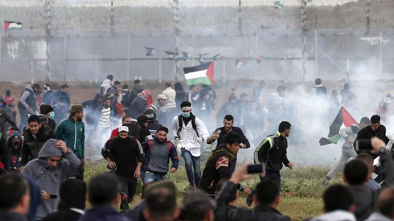 Tear gas canisters have been fired at Palestinian protesters in Gaza 