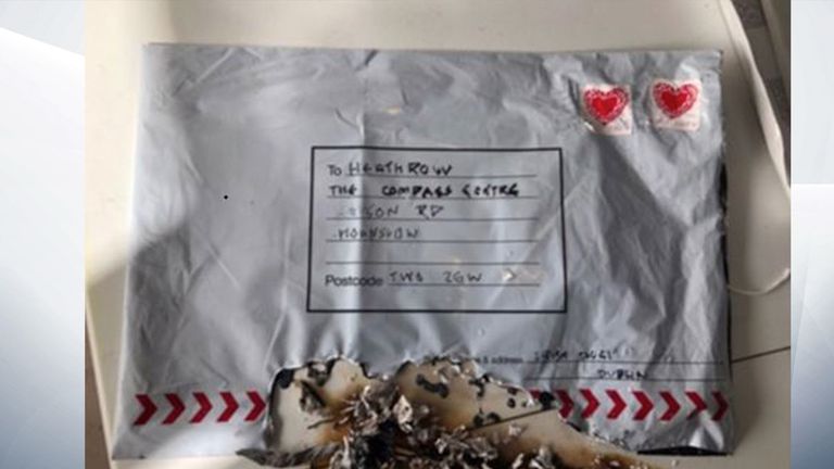 The image obtained by Sky Sources show a heart stamp on the corner of the postal bag. 
