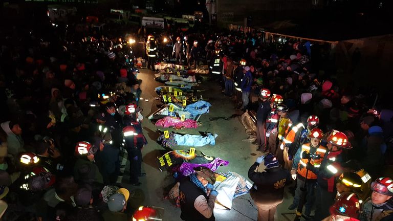A large truck struck a crowd gathered on a dark road in western Guatemala, killing at least 30 people. Pic: Twitter/@CBMDEPTAL