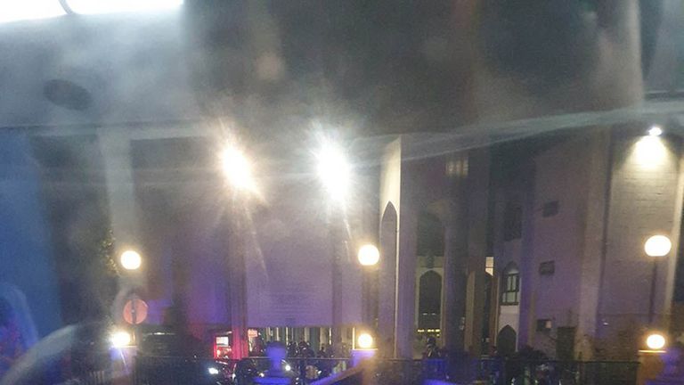 Police and members of the public outside London Central Mosque. Pic: Twitter/@MohamedWrites