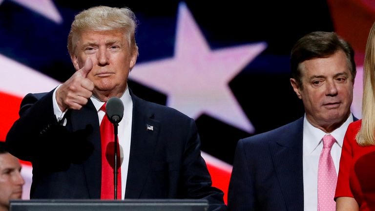 Paul Manafort on stage with Donald Trump at the 2016 Republican national convention, when he was his campaign manager