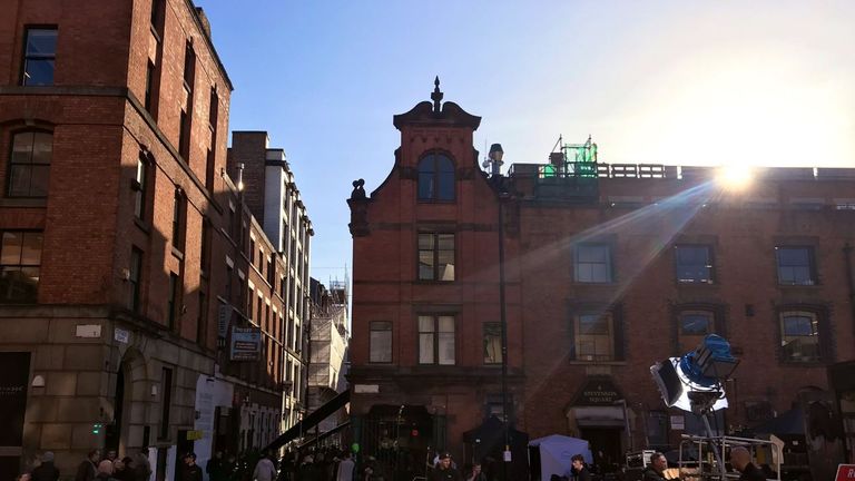 Film crews were busy at work in Manchester's Northern Quarter. Pic: Twitter/Kalpesh 