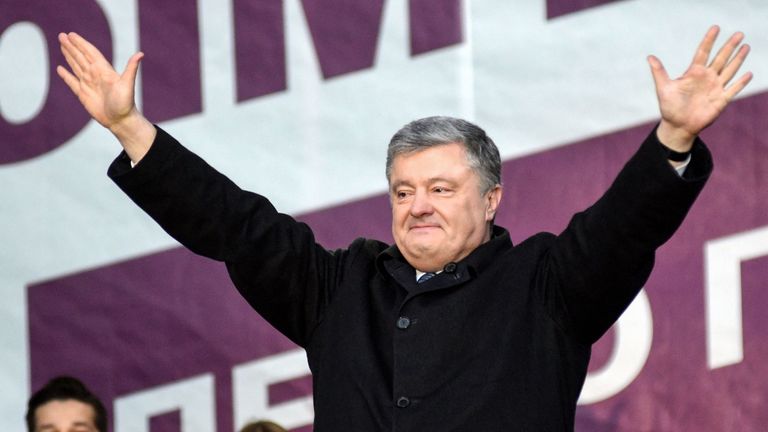 President Petro Poroshenko greets his supporters during a campaign rally in the western city of Lviv