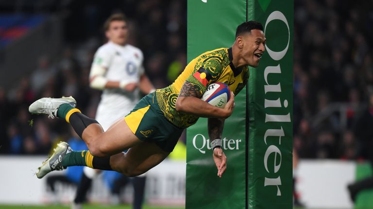 Israel Folau of Australia scores a try during the Quilter International match between England and Australia at Twickenham Stadium on November 24, 2018 in London, United Kingdom