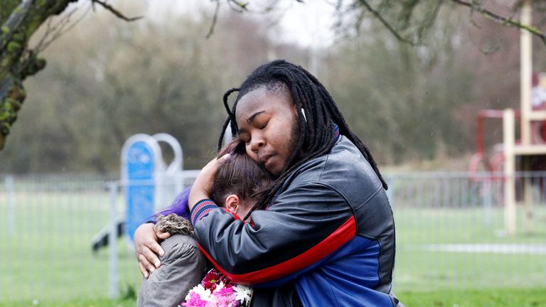 Family and friends visit the area where 17-year-old Jodie Chesney was killed, at the Saint Neots Play Park in Harold Hill, east London, Britain March 3, 2019. REUTERS/Henry Nicholls