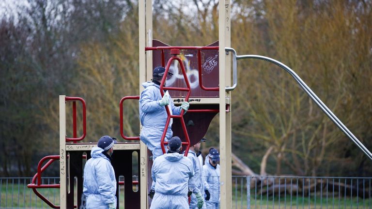 Police forensics officers search the area near to where 17-year-old Jodie Chesney was killed, at the Saint Neots Play Park in Harold Hill, east London, Britain March 3, 2019. REUTERS/Henry Nicholls