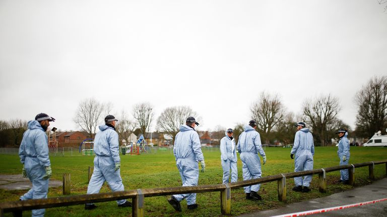 Police forensics officers search the area near to where 17-year-old Jodie Chesney was killed, at the Saint Neots Play Park in Harold Hill, east London, Britain March 3, 2019. REUTERS/Henry Nicholls