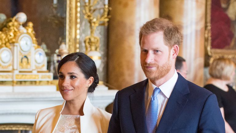 The Duke and Duchess of Sussex attend a reception at Buckingham Palace in London to mark the fiftieth anniversary of the investiture of the Prince of Wales.