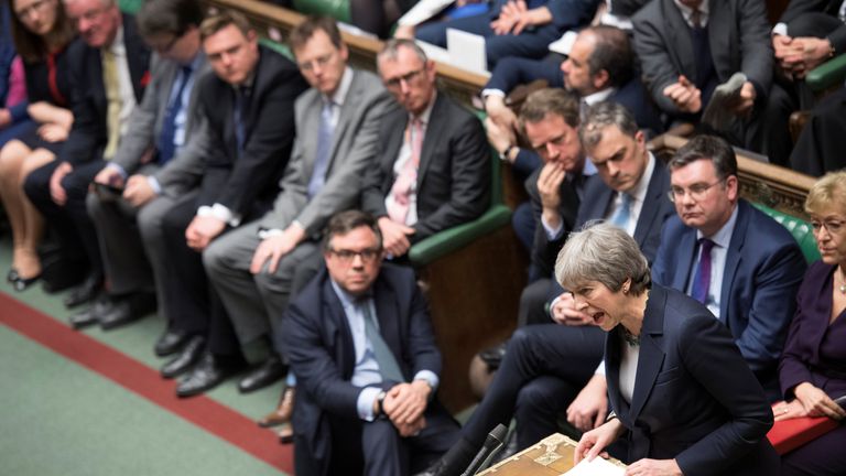 Theresa May speaks in Parliament following the vote on Brexit 