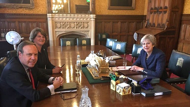 Theresa May meets with the DUP&#39;s Arlene Foster and Nigel Dodds