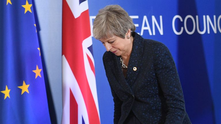 Prime Minister Theresa May after giving a statement about Brexit at the European Leaders&#39; summit in Brussels.
