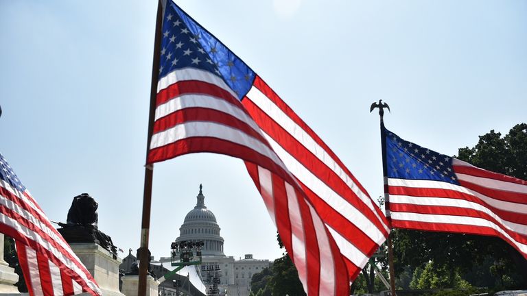 US flags in front of the US Capitol