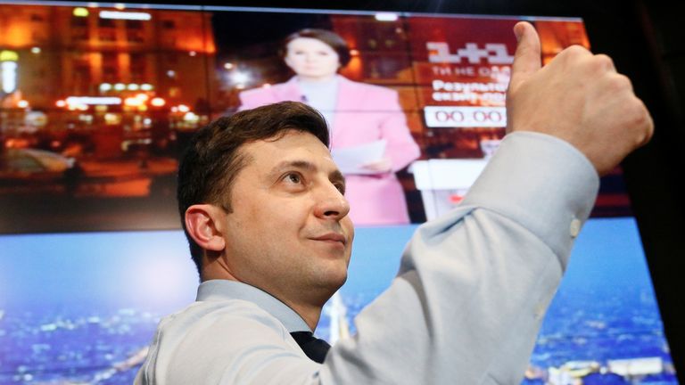 Ukrainian comic actor and presidential candidate Volodymyr Zelenskiy gives a thumbs up as he visits his campaign headquarters following a presidential election in Kiev, Ukraine March 31, 2019