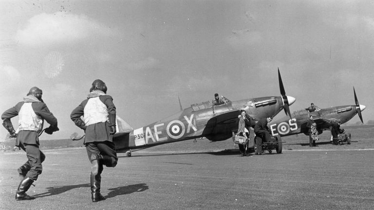 21st April 1941: Airmen from the 402 &#39;Winnipeg Bears&#39; Squadron of the Royal Canadian Air Force run to their Hawker Hurricane fighter planes at York