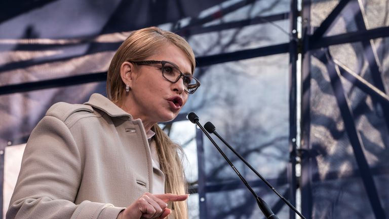 Ukrainian presidential candidate Yulia Tymoshenko campaigns at a rally