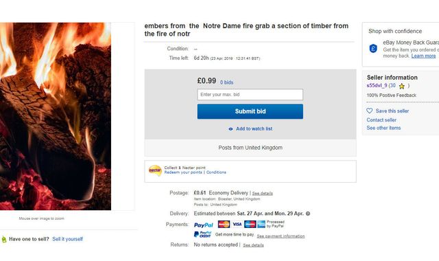 Listing for 'timber from Notre-Dame fire' removed by eBay Listing for 'timber from Notre-Dame fire' removed by eBay