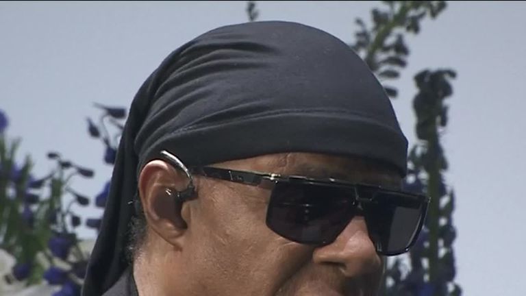 Stevie Wonder gives a speech on gun violence at Nipsey Hussle&#39;s memorial which attracted thousands including many stars.