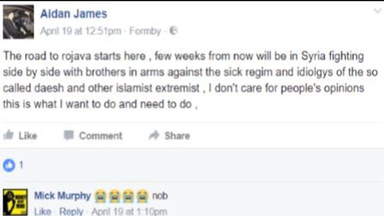 A Facebook post by James announcing his intention to go to Syria to fight against Islamic State 
